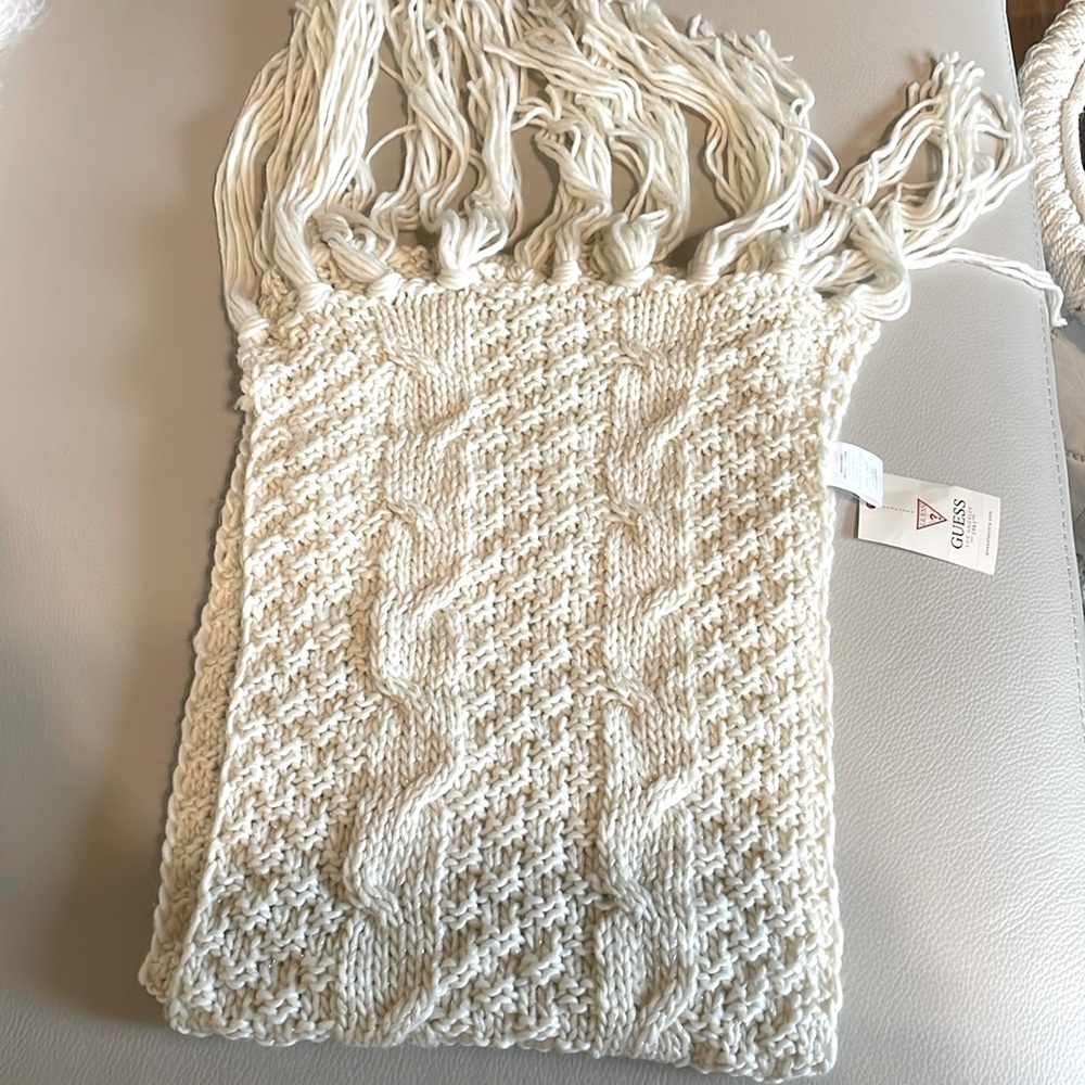 New Guess scarf cream off white silver acrylic 71” long plus the fring 11” wide